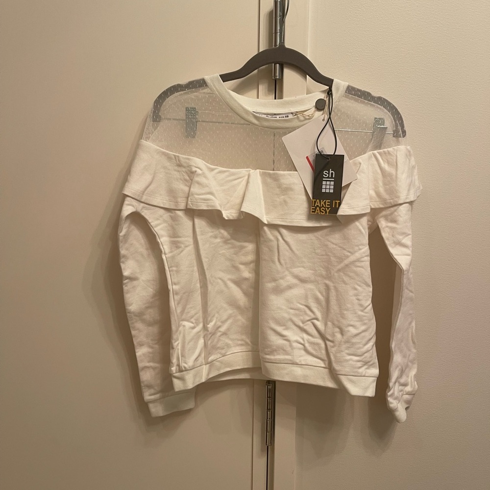 SD Collection White Ruffle Mesh Yoke Sweatshirt NWT XS